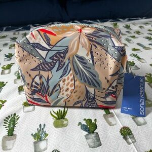 Sonia Kashuk Beige Floral Cosmetic Loaf Bag NWT Tropical Leaf Pattern